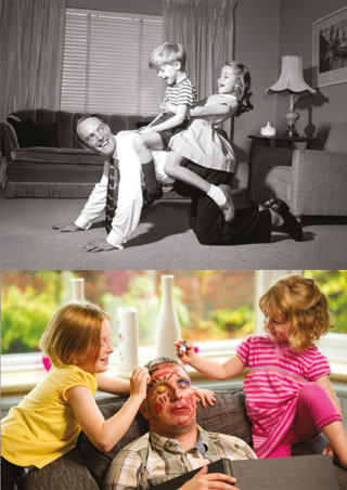 An idealised concept of parenting from the 1950s compared to the modern-day reality.