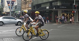 Two cyclists riding Ofo bikes
