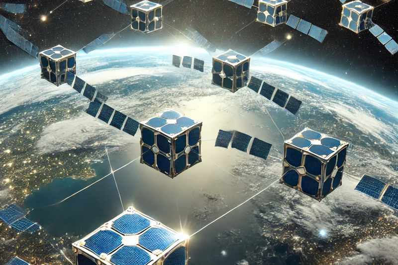 A Generative AI depiction of a cube satellite constellation floating above Earth. The satellites are blue and silver and Earth is shining with city lights.