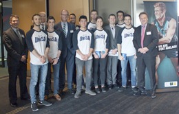 UniSA's Roger Eston and VC David Lloyd and PAFC's Darren Burgess, David Koch and Keith Thomas, with UniSA students at the launch.