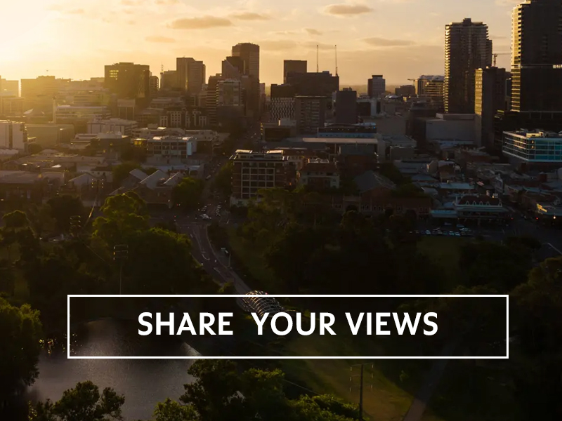 Aerial view of Adelaide City, text overlay: share you views