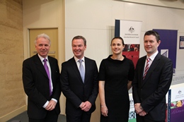 L-R: ARC CEO Aidan Byrne, Minister Pyne, Dr Erica Donner and VC Prof David Lloyd