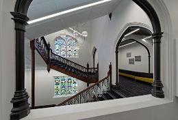 Brookman building stairs and stain-glass windows