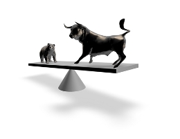 illustration of a bull and a bear on a seesaw