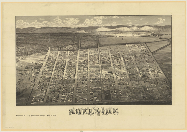 1876 aerial view of Adelaide City; image by Jude Elton, History Trust of South Australia