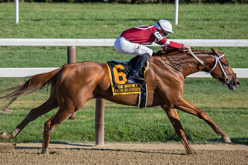 A jockey in a red satin uniform rides a chestnut coloured horse along a racetrack. The track is mostly dirt, surrounded by a guard rale and green fields