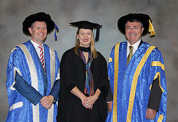 Sally Perrin with VC Prof David Lloyd and Chancellor Jim McDowell