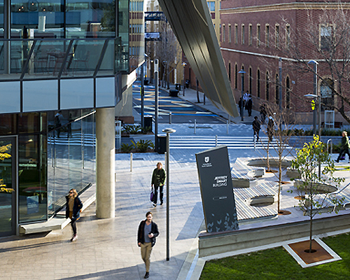 Students in the courtyard of the Jeffrey Smart building