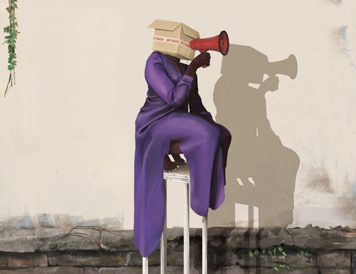 Person in a purple gown seated on a white stool, holding a megaphone up to a box over their head