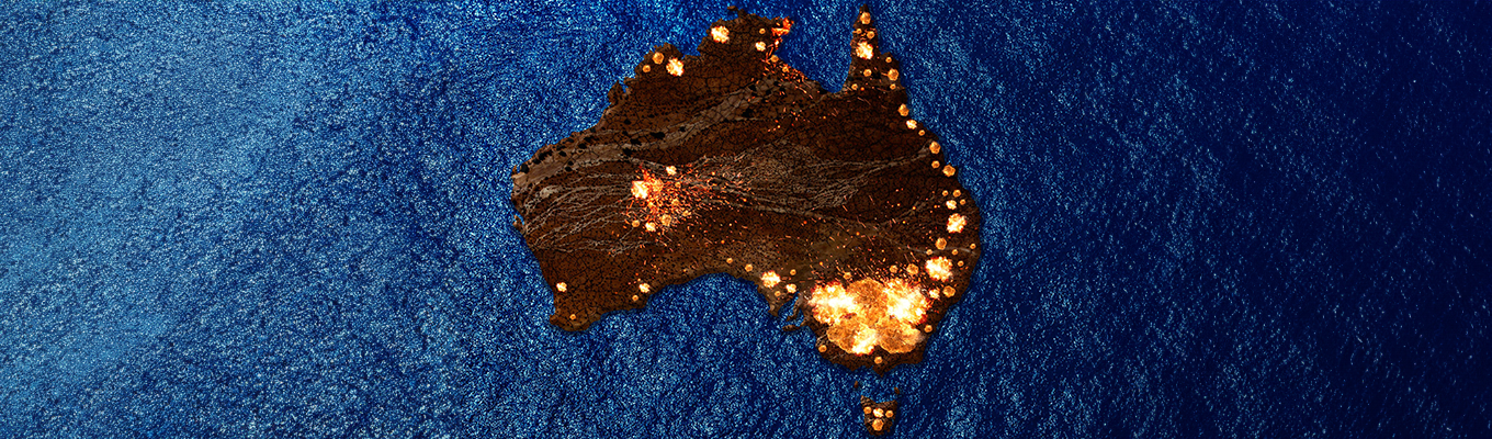 A birds eye view of Australia, with orange and yellow hotspots around its coastline, indicating bushfires