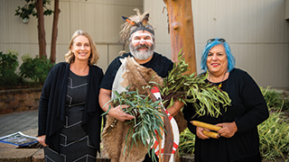 Pro Vice Chancellor: Education, Arts and Social Sciences Professor Joanne Cys, Senior Kaurna Man Mickey Kumatpi O’Brien and Aboriginal Student Engagement Officer Anna Strzelecki at the opening of the Magill facilities.