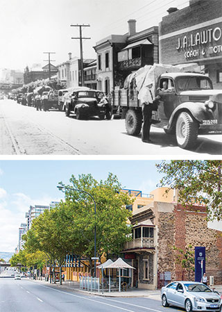 North Terrace in the early 1900s; and in 2016 it’s an entrance to City West campus near the Hawke Building.