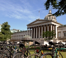 View of University College London dome with bicycles in the foreground