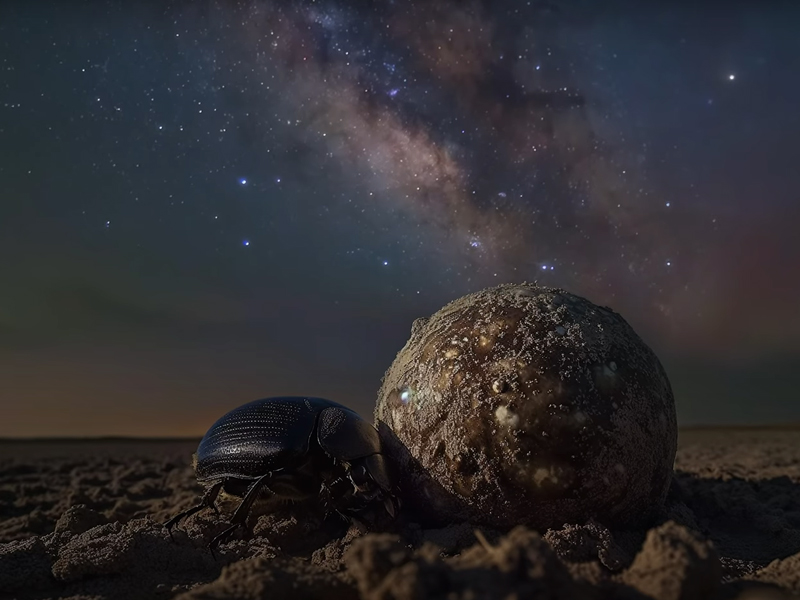 Dung beetle pushing a ball of food three times its size