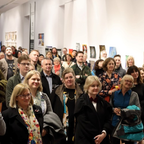 People enjoying the 2021, Art by Prisoners Launch in the Kerry Packer Civic Gallery