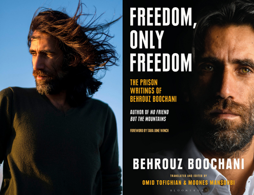 Behrouz Boochani next to the cover of his book: Freedom, Only Freedom