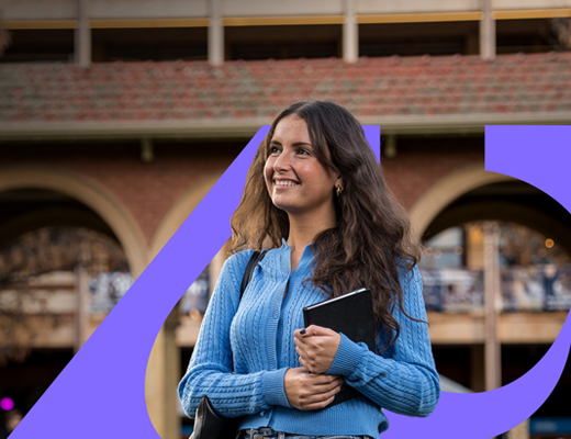 Young woman standing in front of the cloisters at Adelaide University - Adelaide University logo in North Terrace purple in the background