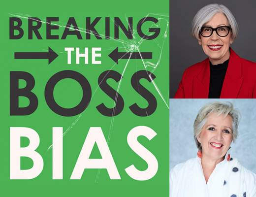 Clockwise from right: Book cover 'Breaking the Boss Bias', author Catherine Fox AM, and Jane Caro AM