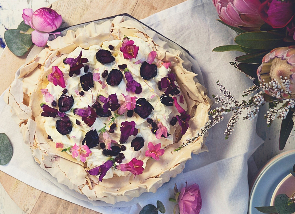 Strawberry Gum Pavlova with Wattle seed cream