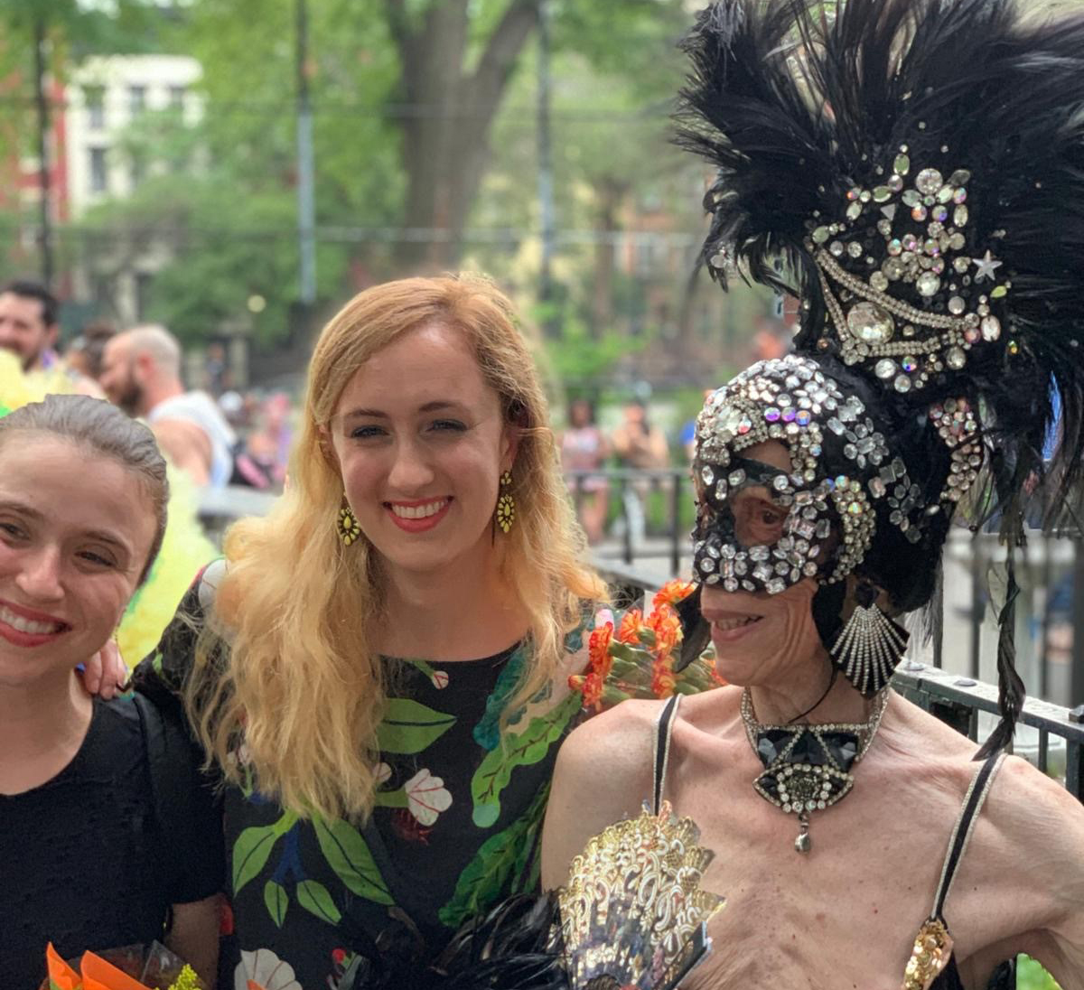 Clare and former drag queen, Adrian, one of the subjects of her Mob Queens podcast, at the NYC Drag March