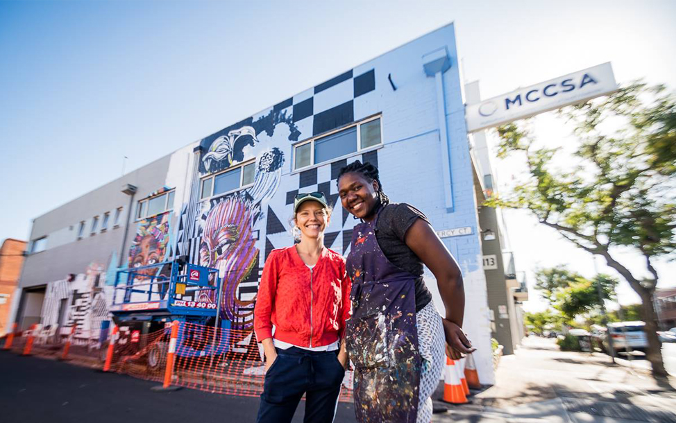 Victoria Lewis (left) with artist Zambian artist Mwamba Chikwemba by Papa Shabani Photography