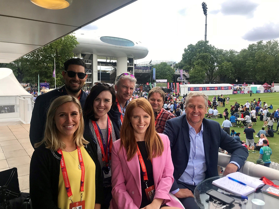 Lauren (third from left) and her Sky News team after their live broadcast at Lords Cricket Ground in London for the 2019 Cricket World Cup