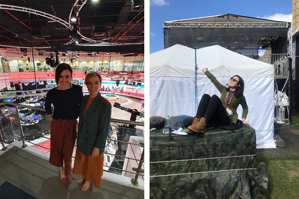 Lauren and a colleague in the Al Jazeera newsroom in Doha (left) and catching some sun on a cold day producing Sky's Brexit coverage at UK Parliament