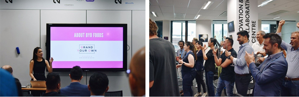 Charmain Ooi (left) presenting at UniSA’s ICC February StartUpdate surrounded by Taste Studios’ support network of mentors, fellow entrepreneurs, interns, friends and the ICC (right).