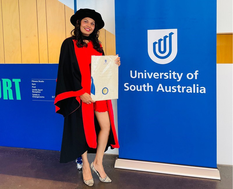 Meena at her 2018 UniSA Graduation receiving her doctorate in Pridham Hall