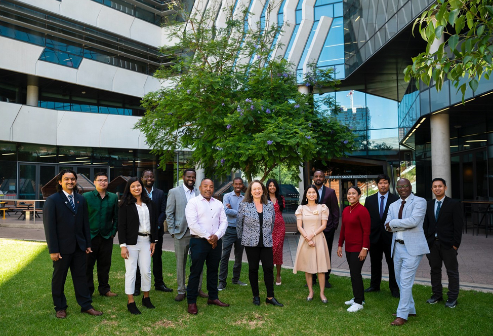 Shahnaaz (third from left) with fellow Australia Awards Scholars across the world at the University of South Australia’s City West Campus