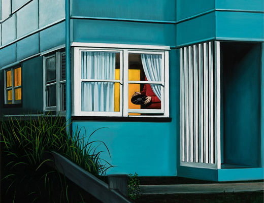 Illustration of person holding a vinyl record as seen through a window