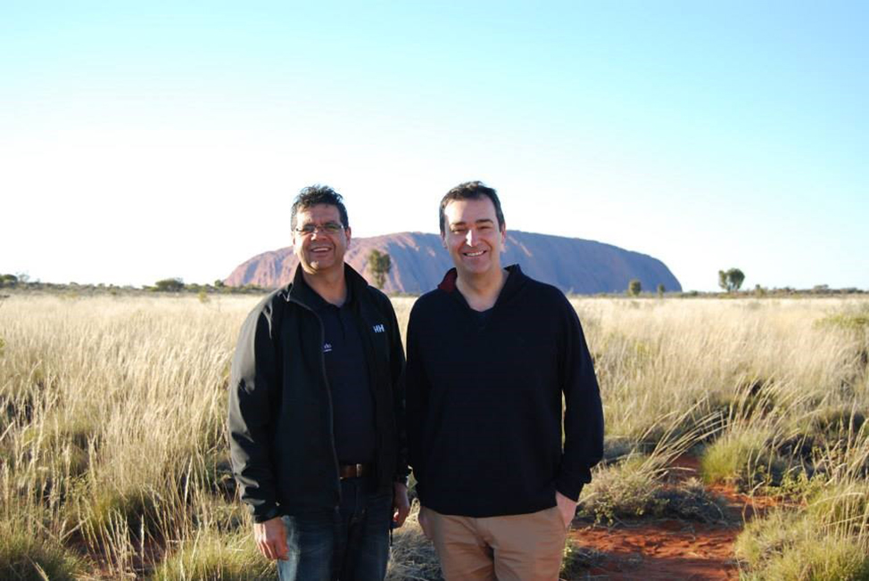 Professor Lester Rigney (left) and current Premier Steven Marshall at Uluru in 2014. Source.