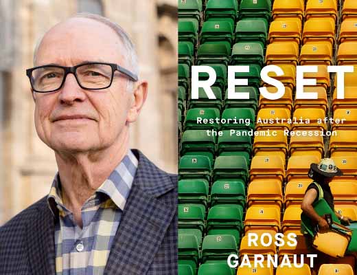 Ross Garnaut and the book cover 'RESET - Restoring Australia after the Pandemic Recession'