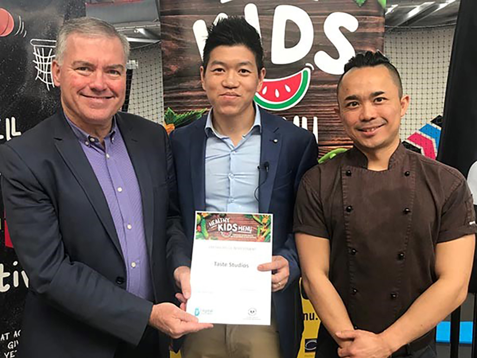 Taste Studios founder, Ricky Chau (centre), at launch of the Eat Active initiative with Minister for Health and Wellbeing Health, Stephen Wade (left), and collaborative chef.