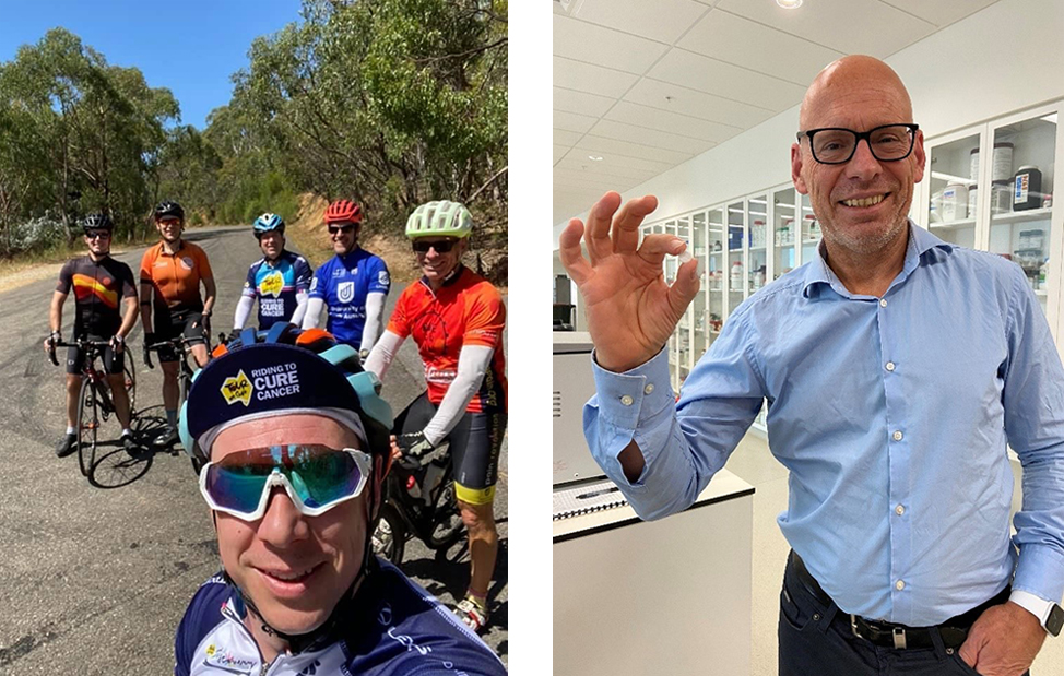 (Left) Clive and some fellow UniSA TDC cyclists on a training ride. (Right) Clive in his lab holding a pharmaceutical formulation he is working on.