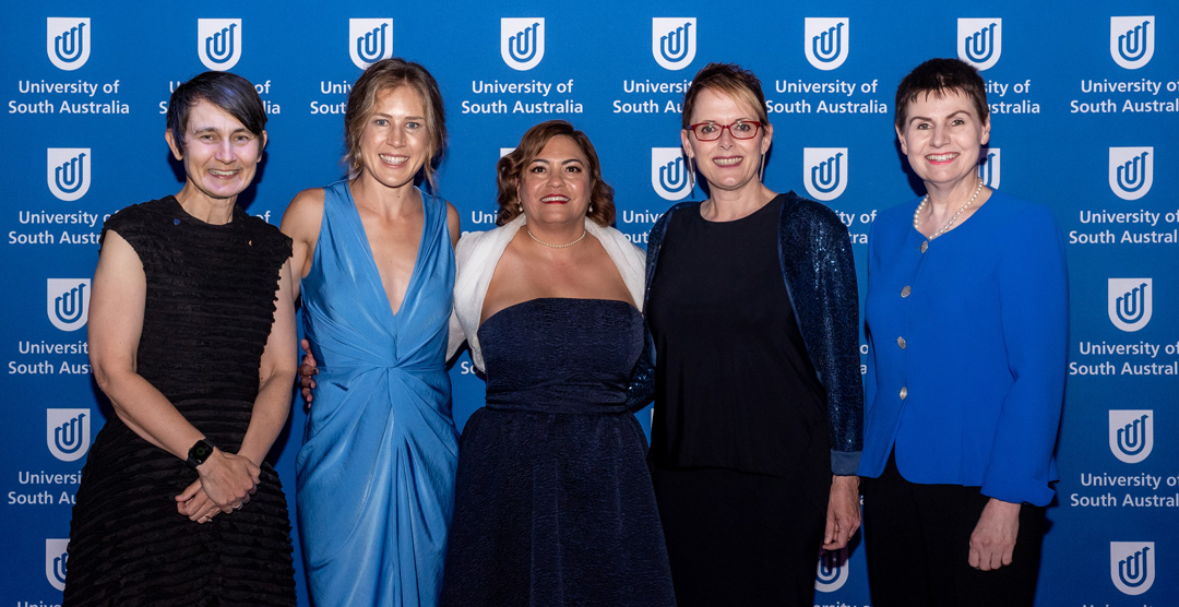 From left: Deputy Vice Chancellor Research and Enterprise Professor Marnie Hughes-Warrington AO, Jessica Stenson, Dr Odette Pearson, Sabra Lane, and Chancellor Pauline Carr, Darren Thomas was unable to attend due other commitments