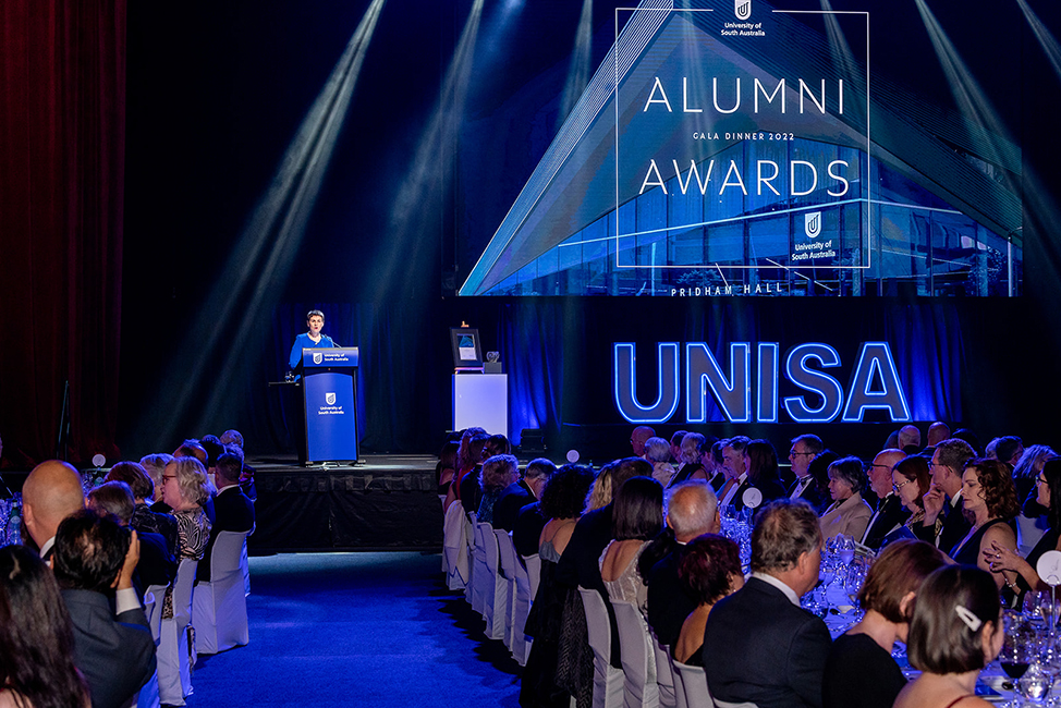 The University of South Australia's Chancellor Pauline Carr addressing guests at the 2022 Alumni Awards in the university's Pridham Hall