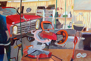 Sue Michael:The Family Shed- panel one, acrylic on canvas 60 x 90cm, 2014.