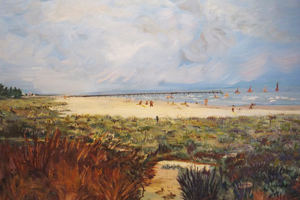 artwork Malcolm Derwas landscape dunes sea and boats