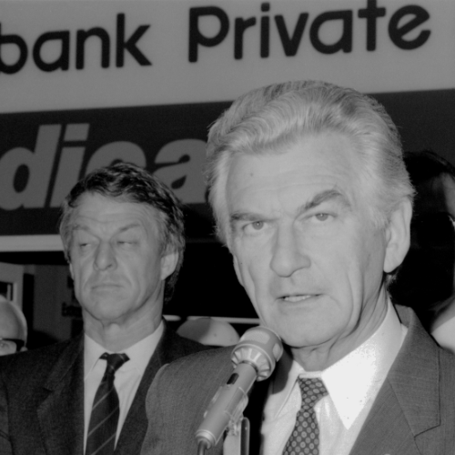 Prime Minister Bob Hawke at the opening of new Medicare facilities in Tasmania, July 1987 (RH36/F2), photograph courtesy of the National Archives of Australia (NAA A6180).