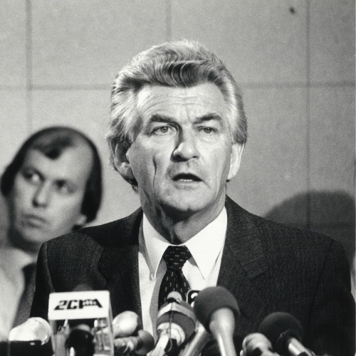 Image Credit: Prime Minister Bob Hawke at the press conference announcing his first ministry, 11 March 1983 (RH24/F113/13) , photograph courtesy of the National Archives of Australia (NAA A6180)