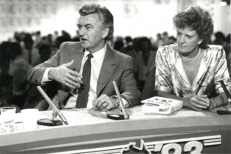 Prime Minister Bob Hawke and Mrs Hazel Hawke speaking to the media in the National Tally Room, 5 March 1983 (RH148/F35B/4), photograph courtesy of the National Archives of Australia (NAA A6180).