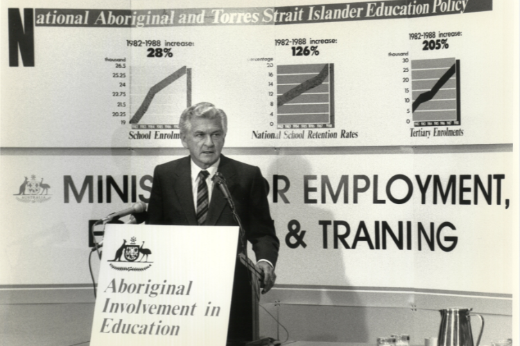 Prime Minister Bob Hawke at the Launch of National Aboriginal and Torres Strait Island Education Policy, 26 October 1987 (RH24/F390/3), photograph courtesy of the National Archives of Australia (NAA A6180).