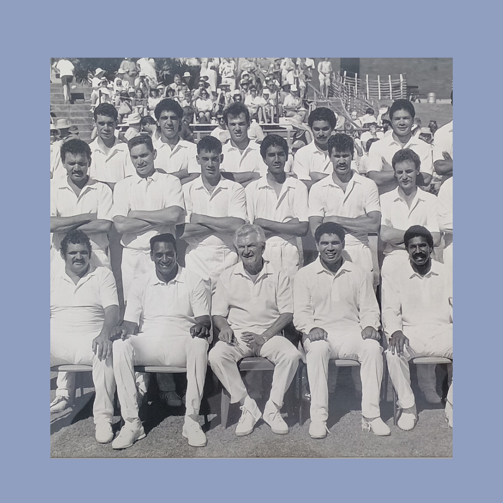 Prime Minister Bob Hawke with the National Aboriginal Cricket Team, taken at the PM's XI vs National Aboriginal Cricket Team match, held at Manly Oval, Sydney 13 January 1988.