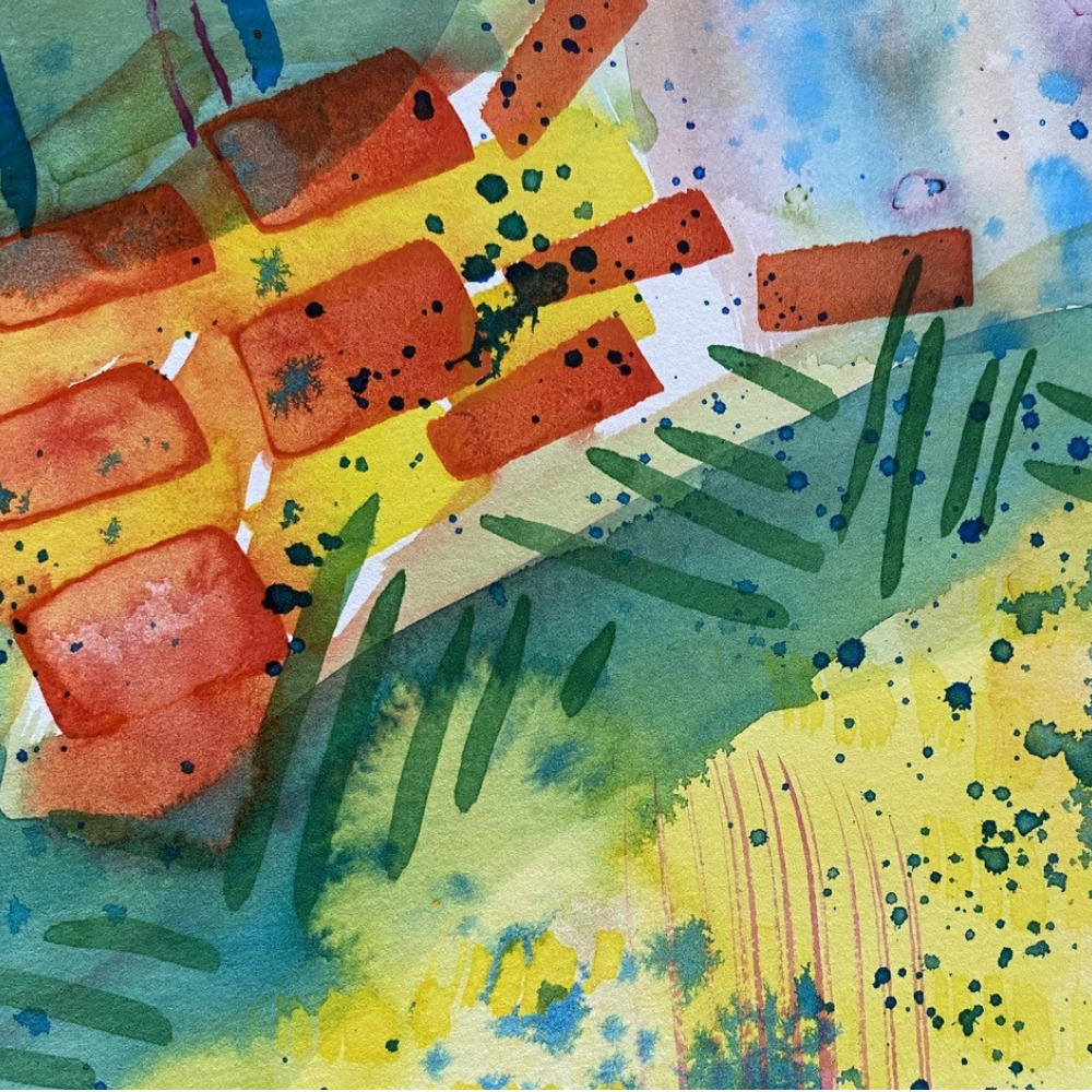 Artwork: Our stories pool together, 2024, ink on water colour paper.  Detail, created by Susan, Bahareh, Haleh, and Claire, collaboratively painting, rotating, overlaying, listening. 