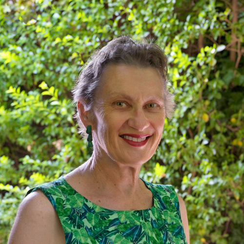 Portrait of Julie Blyfield standing in front of a lush green hedge. Julie is a Caucasian female with short grey hair, wearing red lipstick, green dangly earrings and green patterned top.jpg