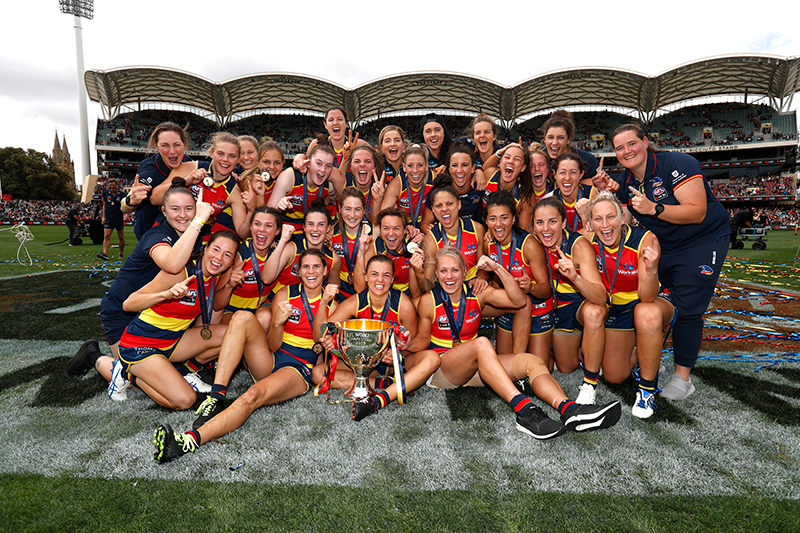 The Crows with the premiership cup after winning the 2019 NAB AFLW Grand Final match between the Adelaide Crows and Carlton at Adelaide Oval. Photo by Michael Willson/AFL Photos