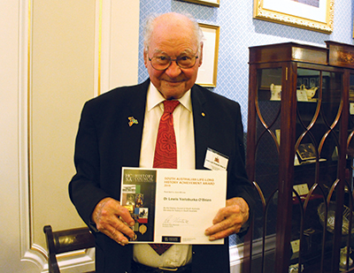Uncle Lewis O’Brien, with his South Australian Lifelong History Achievement Award. Photo courtesy History Trust of South Australia. 