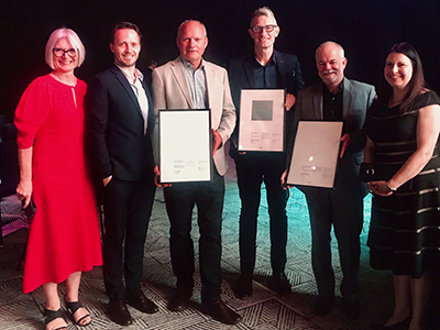 UniSA's Jane Lawrence, Joti Weijers-Coghlan, David Morris and (far right) Christina Coleiro with Wayne Grivell and Andrew Phillips from Swanbury Penglase at the 2019 Australian Institute of Architects National Architecture Awards.
