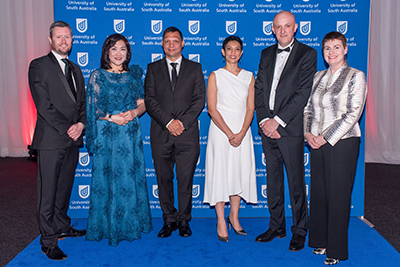 UniSA Vice Chancellor Professor David Lloyd (left) and Chancellor Pauline Carr (right) with UniSA Alumni Awards winners Dr Pauline Wong, Darren Siwes, Tirana Hassan and Michael Burgess.